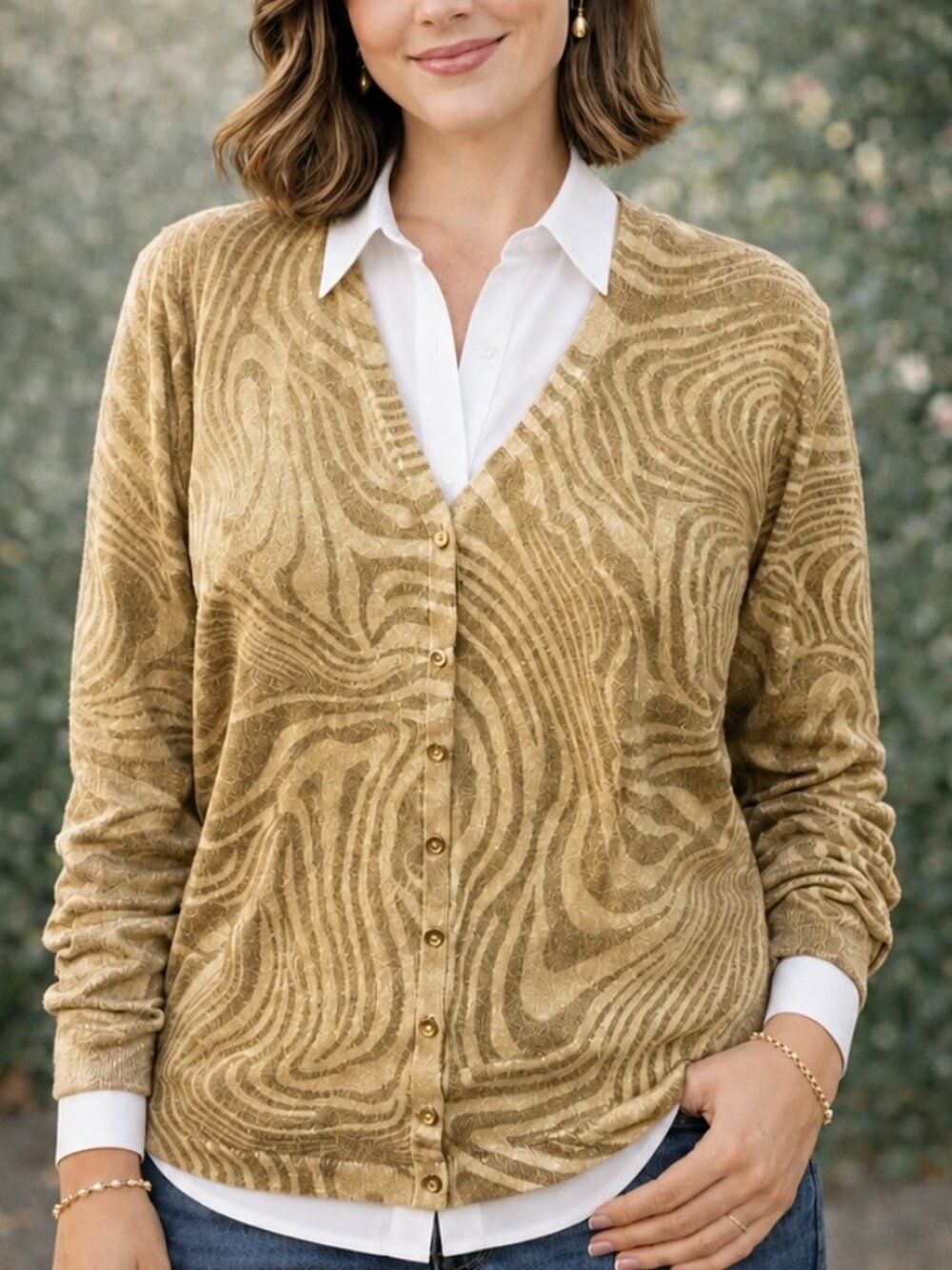 Y2K Era Josephine Chaus Women's Shimmery Gold Sweater Cardigan Sz. XL Holiday